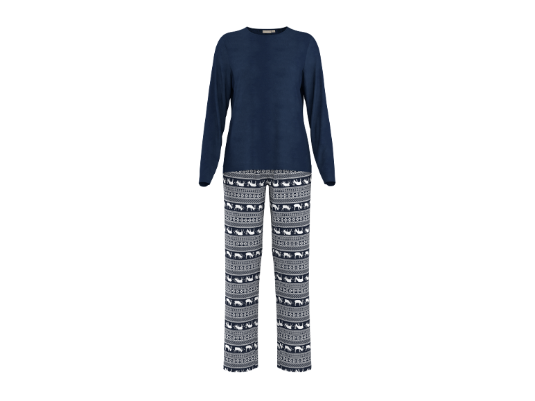 Dunkelblauer Damen-Pyjama mit langärmeligem Oberteil und Hose mit Weihnachtsmotiv