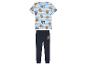 Kinderpyjama mit Groot-Motiv: gestreiftes Shirt und dunkelblaue Hose.