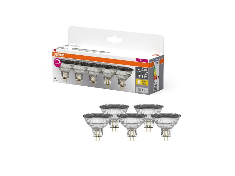 Packung mit sechs dimmbaren LED-Lampen mit GU5.3 Sockel, 5W, 345lm, warmweißes Licht.