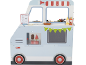 Spielzeug-Foodtruck mit Speisekarte, Hotdogs, Burgern, Pommes, Wraps, Eis und Gewürzen.