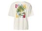 Cremefarbenes T-Shirt mit buntem Palmen-Print und dem Schriftzug „SUNSHINE ON MY MIND“.