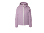 Lila Winterjacke mit Kapuze und weißem Reißverschluss.
