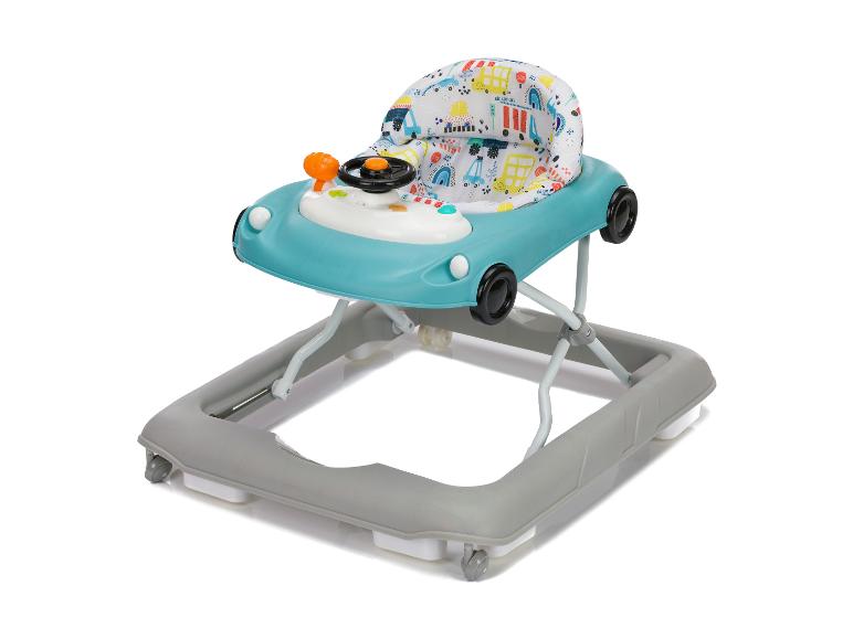 Baby-Lauflernhilfe mit blauem Autodesign und buntem Sitz