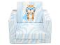 Kinder-Sessel mit blau-weiß gestreiftem Bezug und Superhelden-Tiger-Aufdruck.
