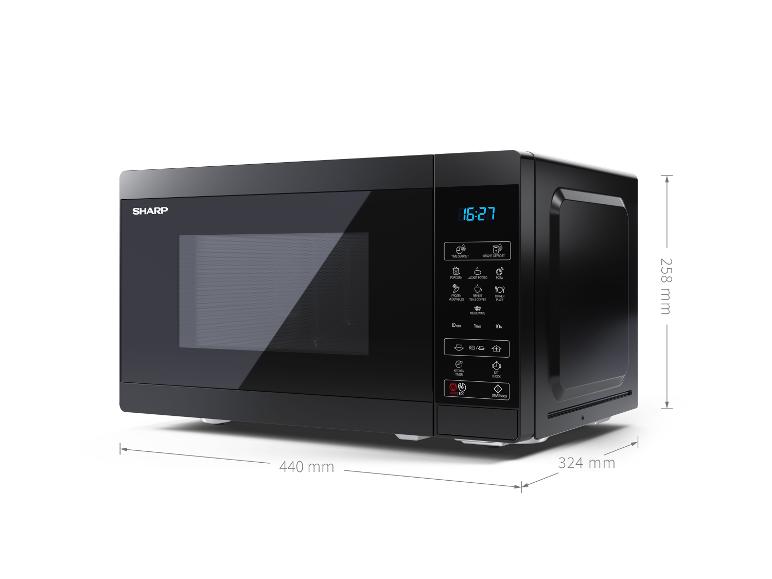 Schwarze Sharp Mikrowelle mit Digitalanzeige und Bedientasten, mit Abmessungen.