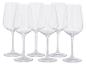 Set aus sechs transparenten Weingläsern mit langem Stiel.
