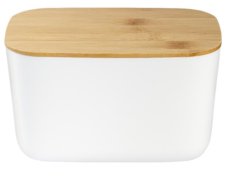 Weiße Aufbewahrungsbox mit hellbraunem Holzdeckel