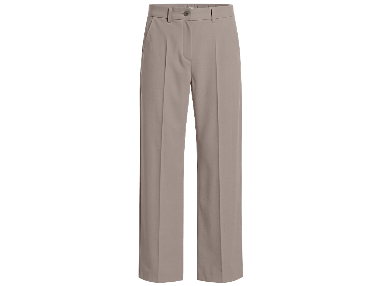 Hellbraune Damenhose mit Knopfverschluss und Gürtelschlaufen.