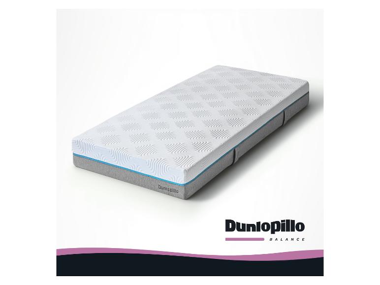 Dunlopillo Balance Matratze mit weißem, gemustertem Bezug und blauer Umrandung