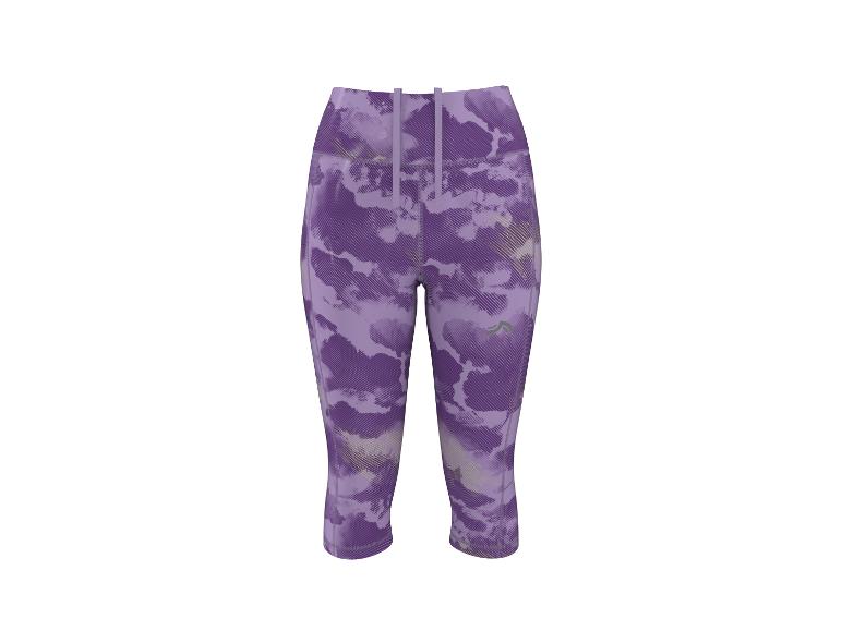 Lila Sport-Capri-Leggings mit abstraktem Muster und Kordelzug.