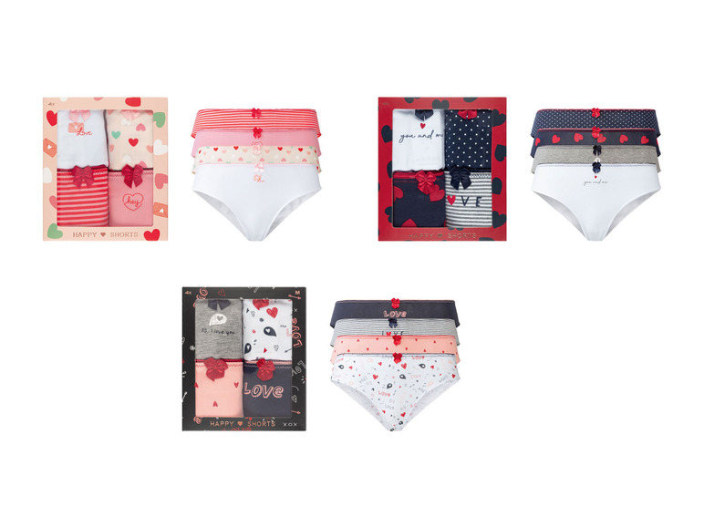Drei Sets Happy Shorts Unterwäsche mit Herzmotiven und 'Love'-Prints.