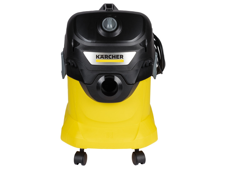 Ein gelber KÄRCHER Staubsauger mit Rädern.