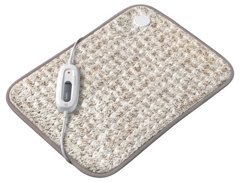Ein beigefarbenes Heizkissen mit Kabel und Steuereinheit von Sanitas.