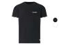 Schwarzes Kurzarm-T-Shirt mit kleinem Logo unten rechts.