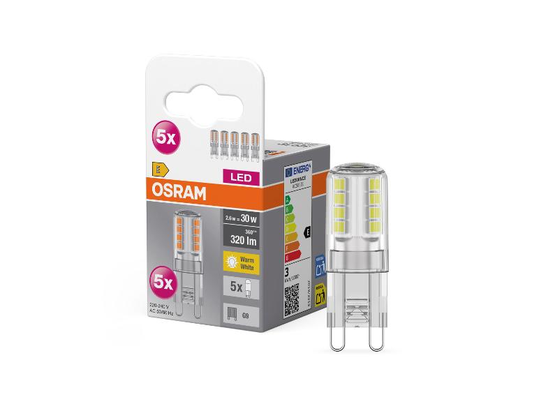 Packung mit 5 LED G9 Lampen, 2,6W (30W Äquivalent), 320lm, warmweiß, mit Energielabel E.