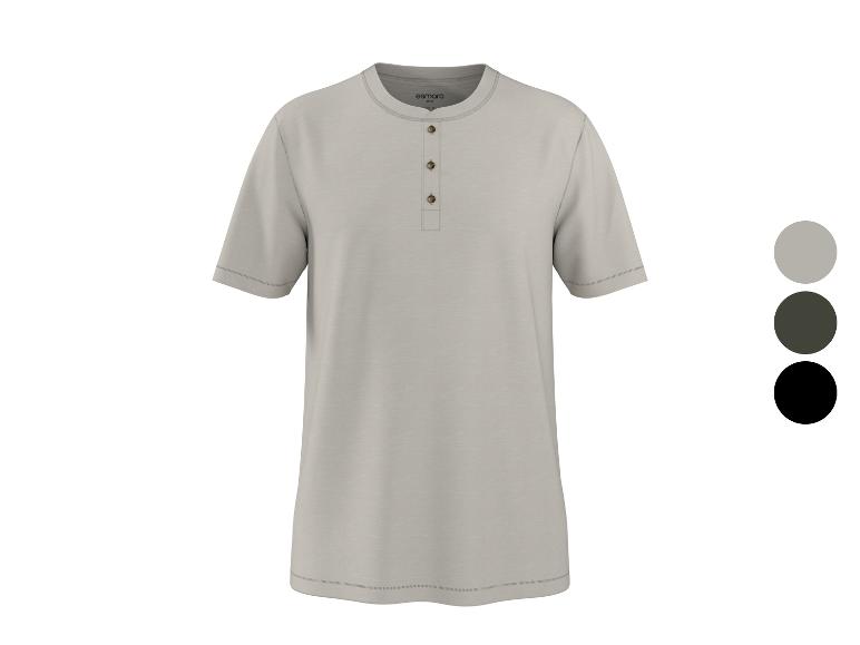 Herren-Henley-T-Shirt mit kurzen Ärmeln in Hellgrau mit Knöpfen und drei Farboptionen.