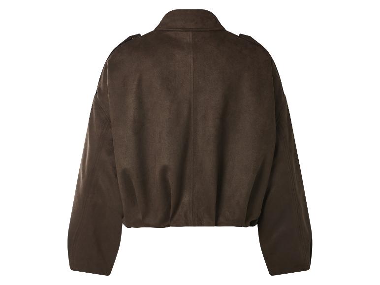 Rückenansicht einer dunkelbraunen Wildleder-ähnlichen Bomberjacke mit Schulterklappen.