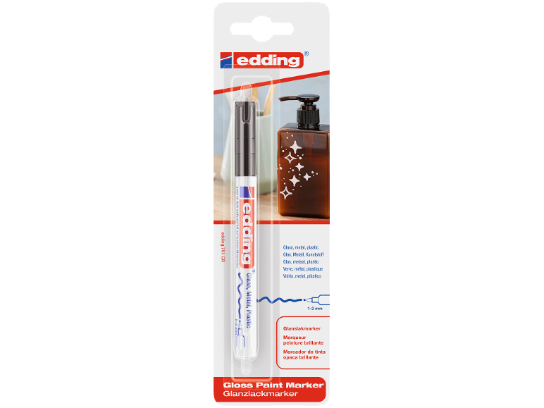 Glanzlackmarker für Glas, Metall, Kunststoff, mit einer 1-2 mm Spitze.
