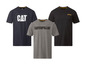 Drei Caterpillar T-Shirts in Schwarz, Grau und Dunkelblau.