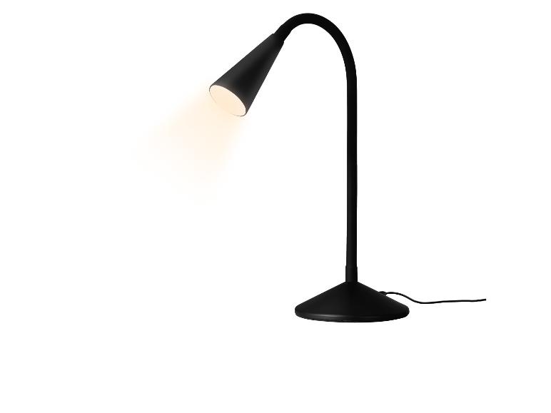 Schwarze Schreibtischlampe mit flexiblem Arm und eingeschaltetem Licht.