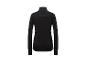 Schwarzes Langarm-Sportshirt mit Reißverschluss am Hals und reflektierendem Streifen am Rücken.