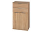 Ein Holzschrank mit zwei Schubladen und zwei Türen.