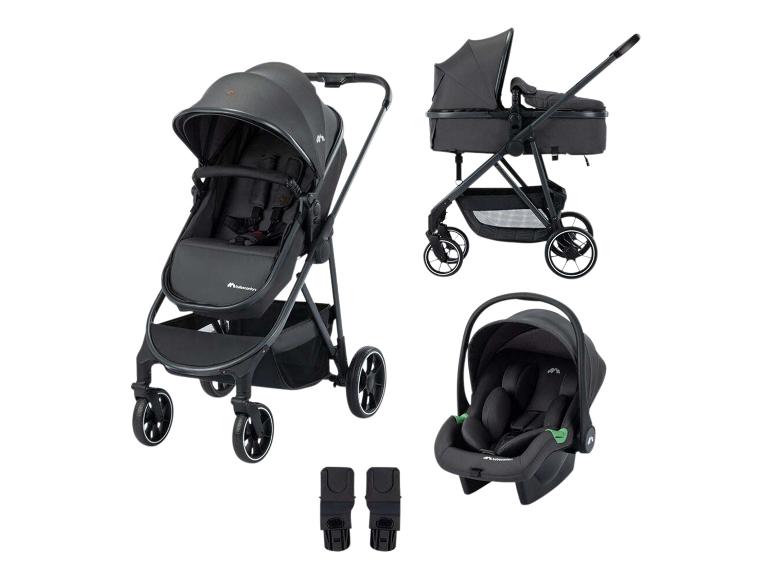 Dunkelgraues 3-in-1 modulares Kinderwagenset mit Adaptern.