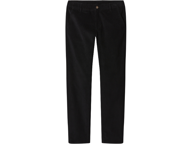 Schwarze Cordhose mit Gummizug und Knopf.