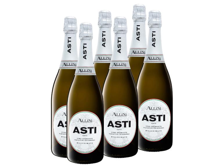 Sechs Flaschen Allini Asti Spumante Schaumwein.