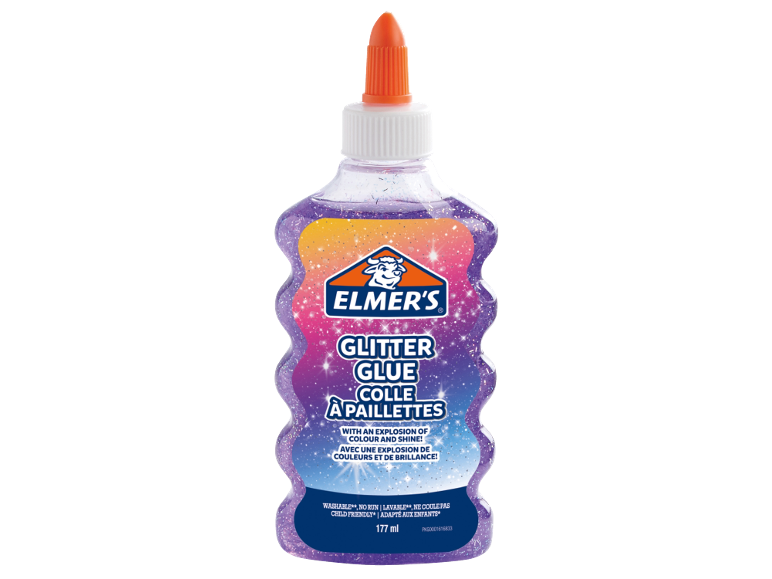 Flasche Glitzerkleber mit farbigem Etikett und dem Text „Glitter Glue“.