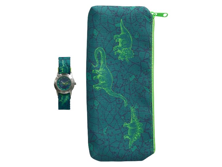 Uhr und Etui: Dinosaurier-Motiv.