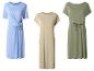 Drei Damenkleider in Blau, Beige und Olivgrün.