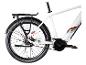 Weißes E-Bike mit Gepäckträger, Riemenantrieb und schwarzen Reifen.