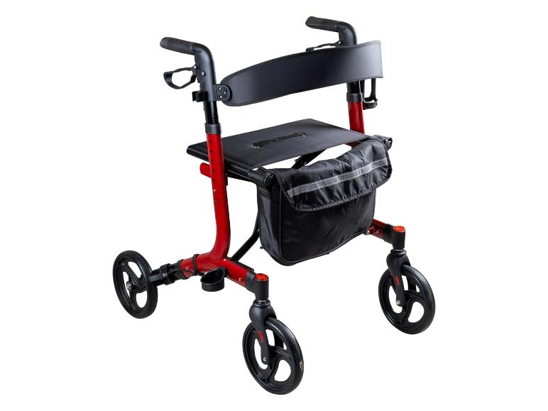 Roter Rollator mit Sitz, Rückenlehne und Einkaufstasche.