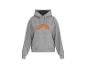 Grauer Kapuzenpullover mit orangefarbenem Logo auf der Vorderseite.