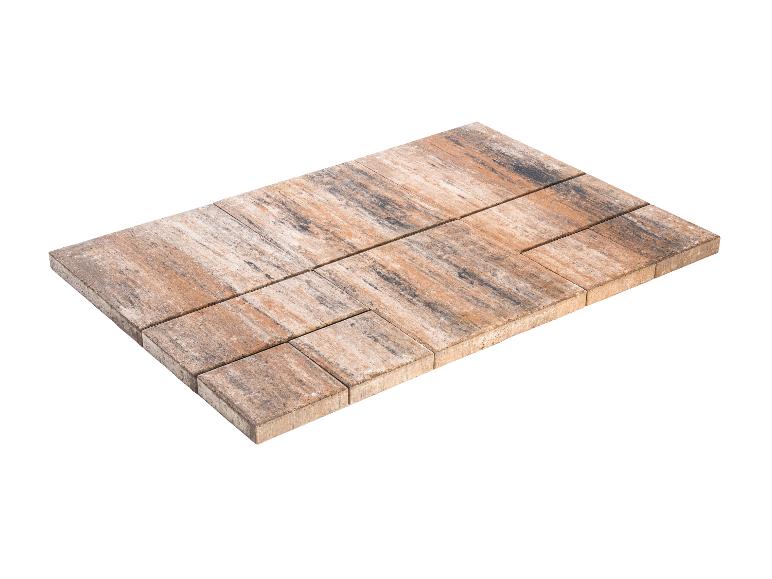 Rechteckige und quadratische Terracotta- und graue Gartenpflastersteine