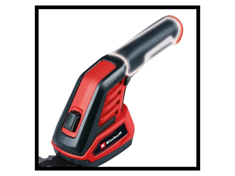 Rot-schwarze Akku-Gras- und Strauchschere mit leuchtendem Griff