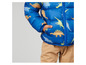 Eine blaue Winterjacke mit Dinosaurier-Motiv für Jungen.