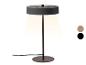 Tischlampe mit dunkelgrauem Schirm und Fuß, die warmes Licht ausstrahlt, mit Farbmustern.