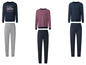 Drei Pyjama-Sets in verschiedenen Farben und Mustern.