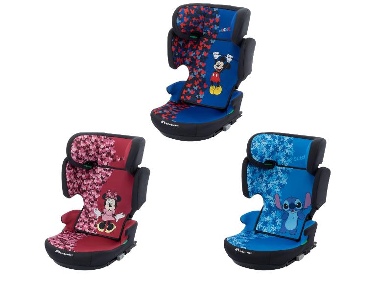 Drei Kindersitze mit Mickey Maus, Minnie Maus und Stitch Motiven.