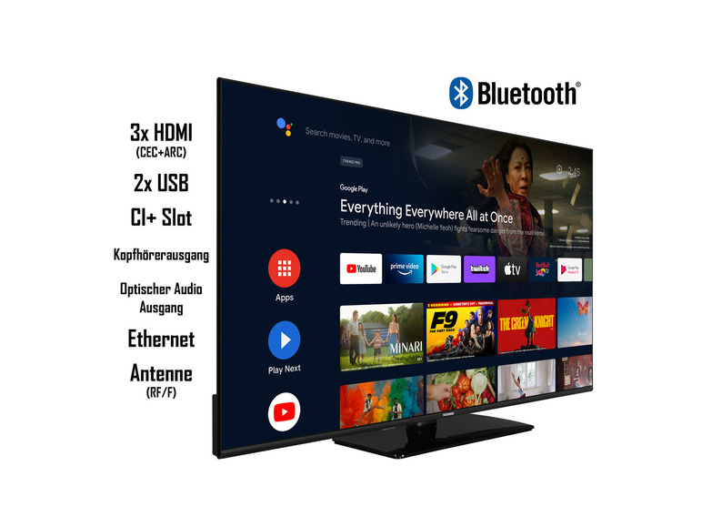Ein Telefunken Smart-TV mit Bluetooth, 3 HDMI-Anschlüssen, 2 USB-Anschlüssen und Streaming-Diensten wie YouTube und Netflix.