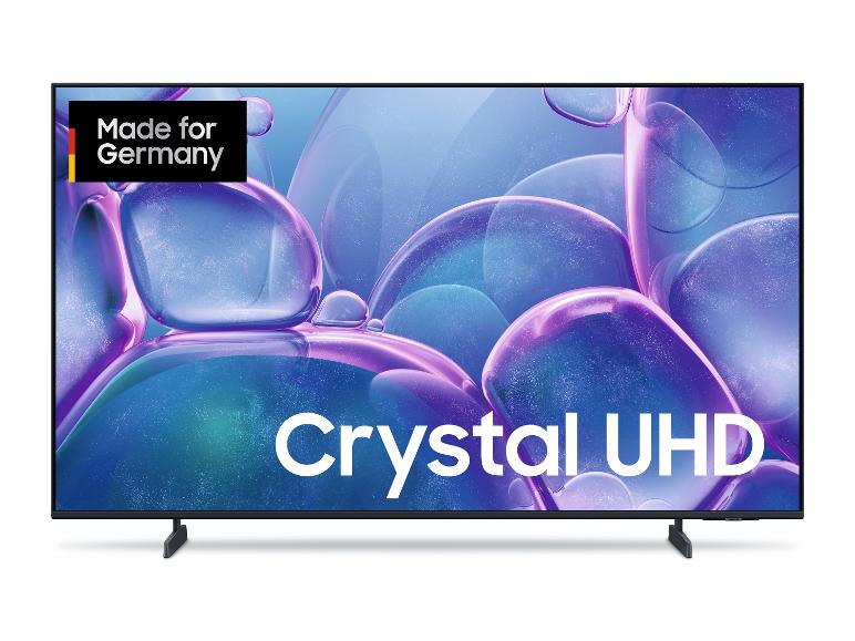 Samsung Crystal UHD Fernseher mit der Aufschrift „Made for Germany“ und bunten Blasen auf dem Bildschirm.