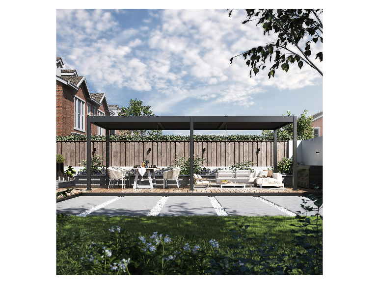 Gartenmöbel: Pergola, Tisch mit Stühlen und Sofa.