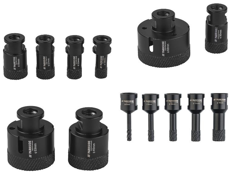 Set schwarzer Diamantbohrkronen und Adapter in verschiedenen Größen.