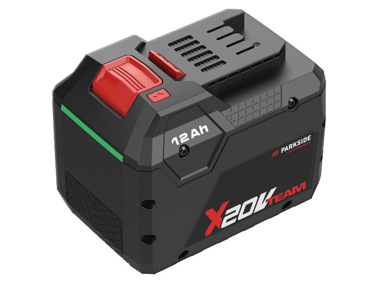 Schwarzer Akku für Elektrowerkzeuge mit roten Knöpfen und grünem Akzent, beschriftet mit „12 Ah“.