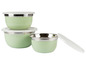 Drei grüne Schüsseln mit Edelstahldeckeln