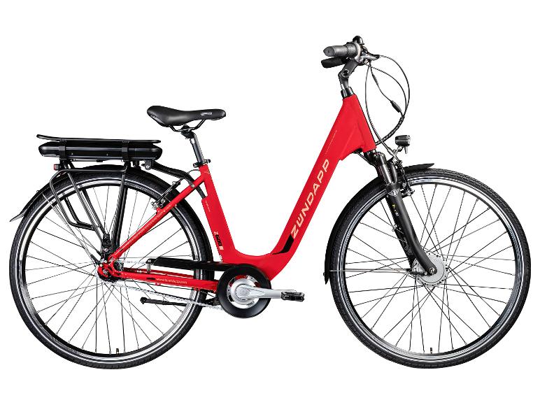Rotes Zündapp Z600 E-Bike mit Tiefeinsteigerrahmen und Gepäckträger.