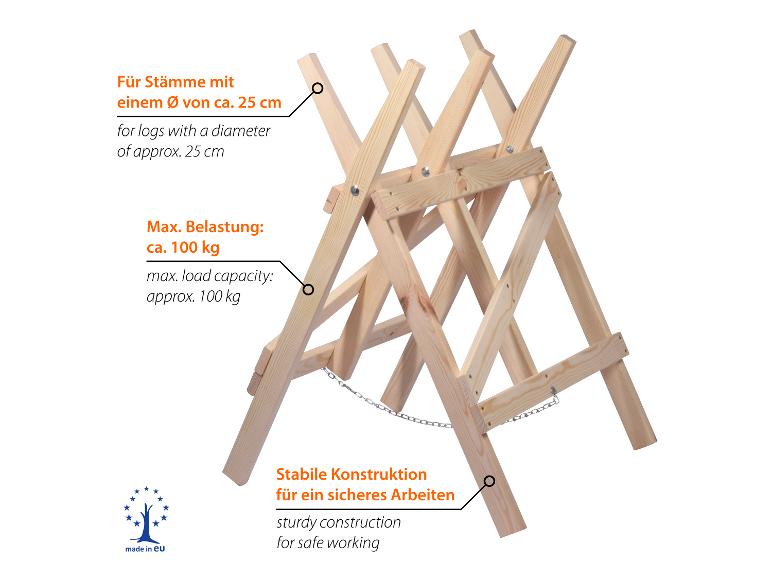 Holzsägebock für Stämme bis 25 cm Durchmesser, 100 kg max. Belastung, stabile Konstruktion, hergestellt in der EU.