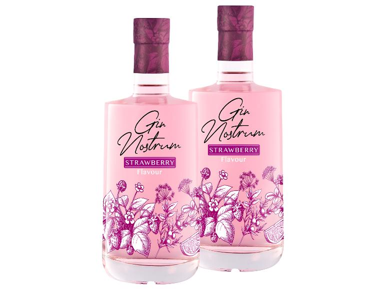 Zwei rosa Erdbeer-Gin-Flaschen mit botanischen Illustrationen.